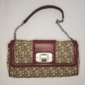 DKNY Vintage Jacquard Red Leather Shoulder Signature Clutch Handbag